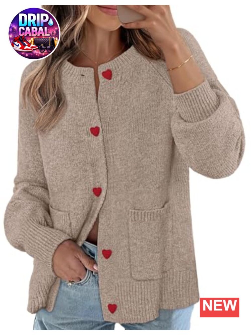Crew Neck Knit Cardigan Sweater Heart Buttons Open Front